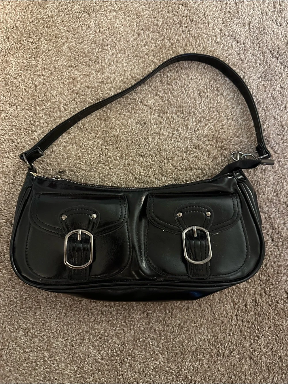 Black Shoulder Bag with Front Buckle Pockets